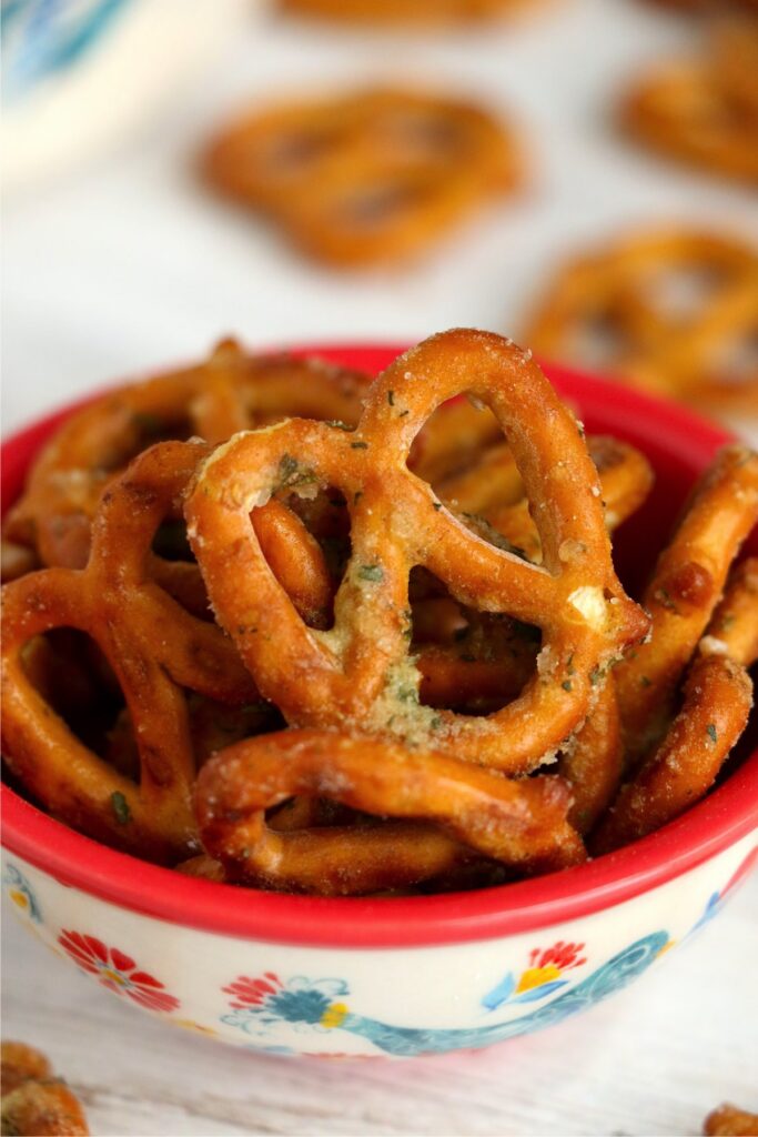 Closeup shot of garlic ranch pretzels in bowl