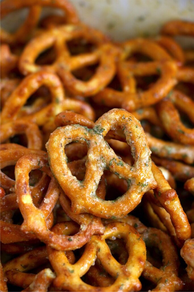 Closeup shot of garlic ranch pretzels