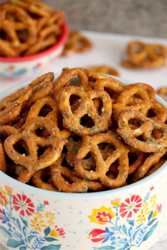 Closeup shot of garlic ranch pretzels in bowl