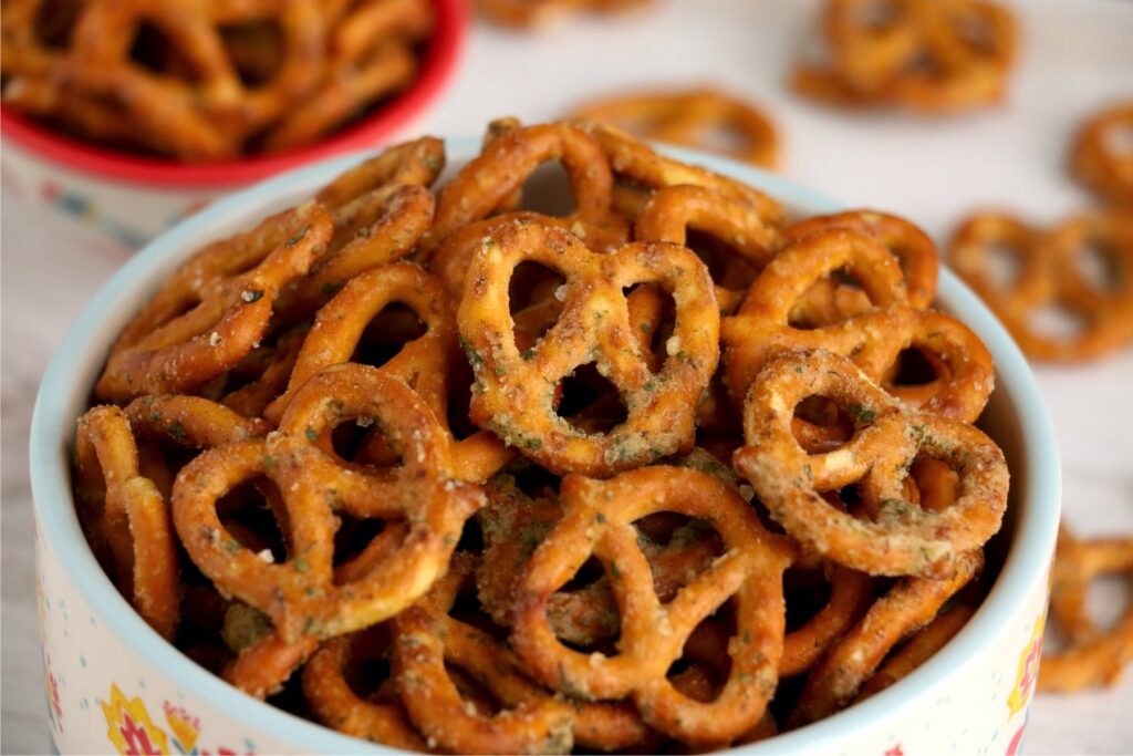 Closeup shot of garlic ranch pretzels in bowl