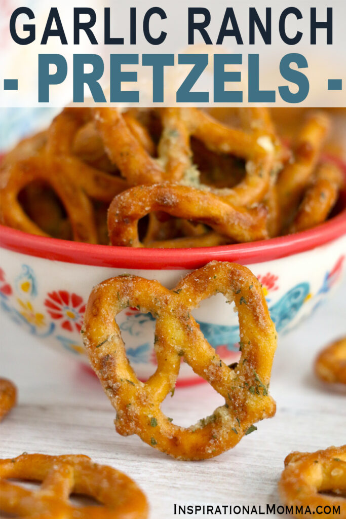 Closeup shot garlic ranch pretzels in bowl