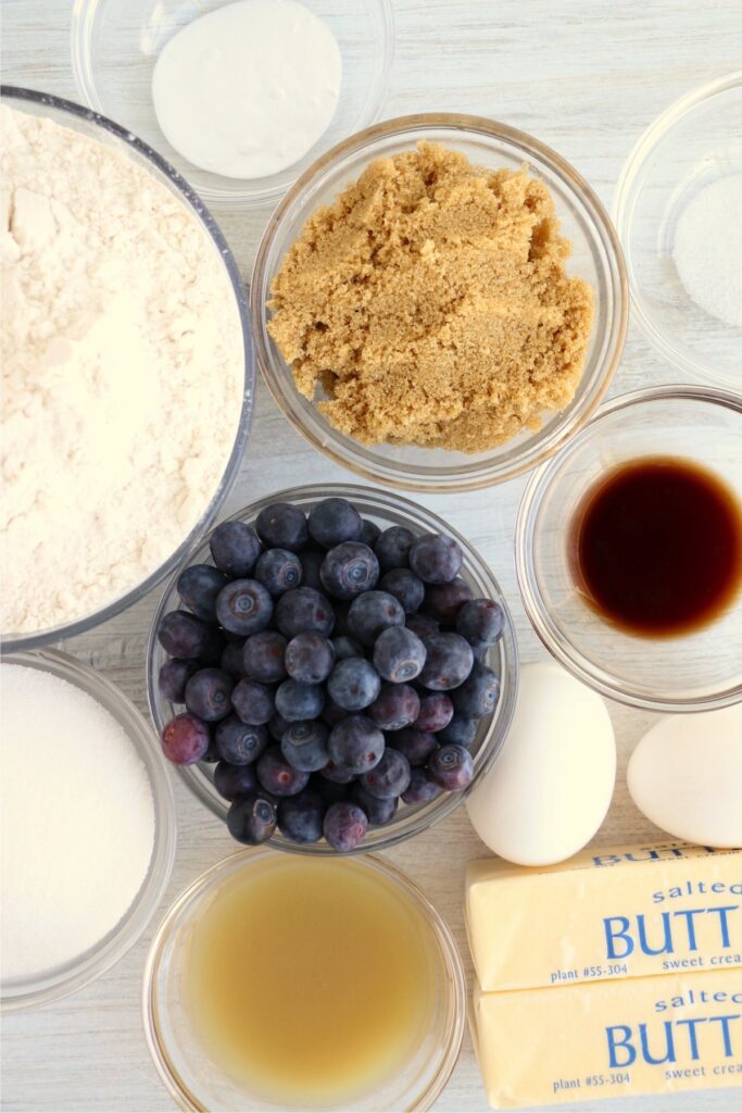 Overehead shot of ingredients in individual bowls on table