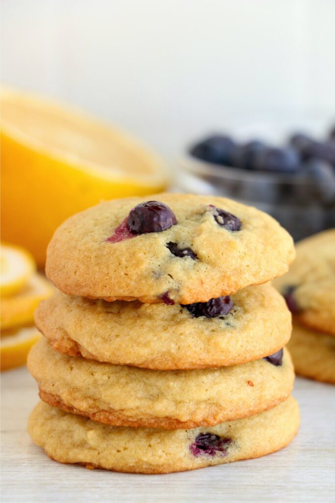 Closeup shot of lemon blueberry cookies stacked atop one another