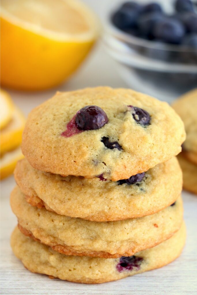 Closeup shot of lemon blueberry cookies stacked atop one another