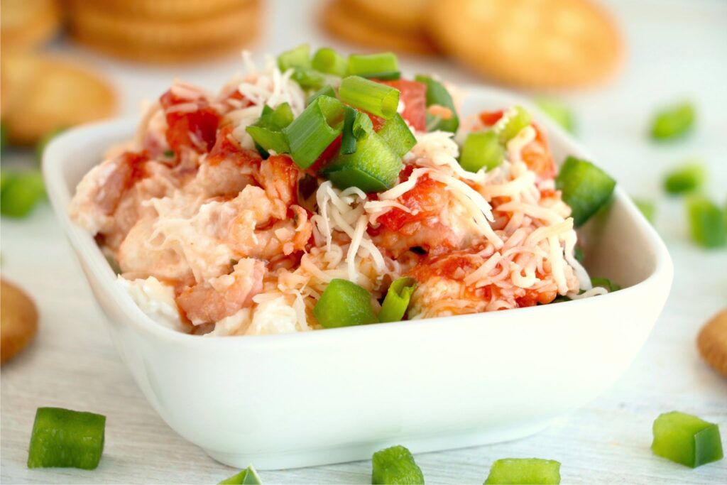 Closeup shot of bowlful of seafood cheese dip