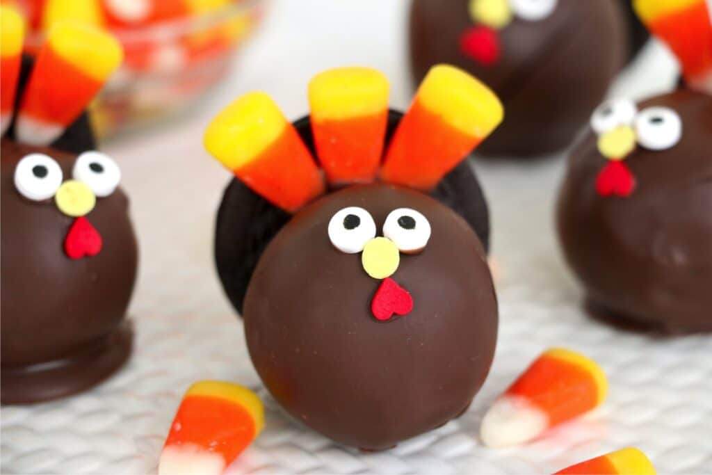 Closeup shot of turkey cake pops on plate