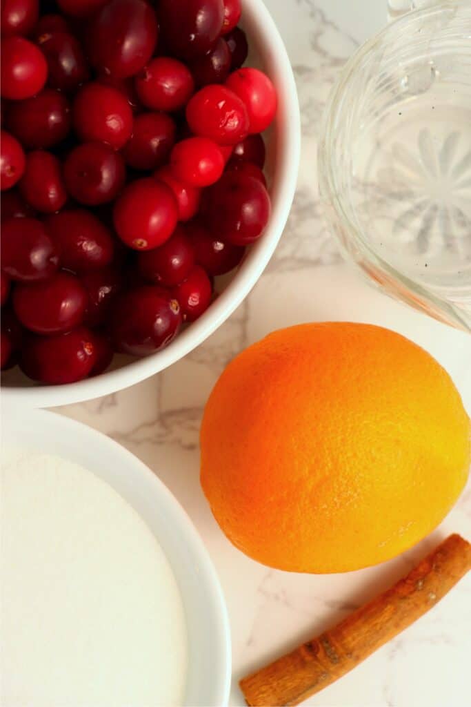 Overhead shot of individual cranberry sauce ingredients in bowls on table