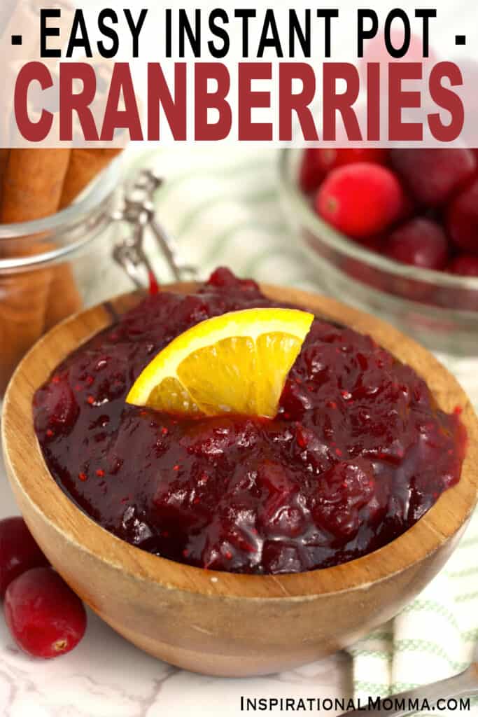 Closeup shot of instant pot cranberry sauce in wooden bowl