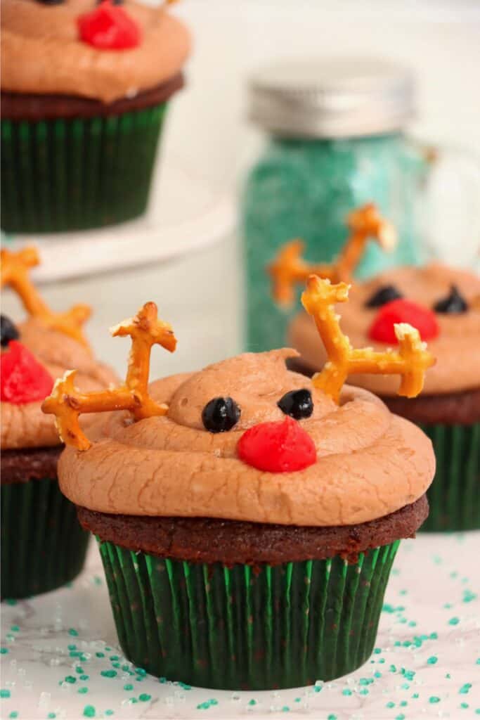 Closeup shot of chocolate reindeer cupcakes on table