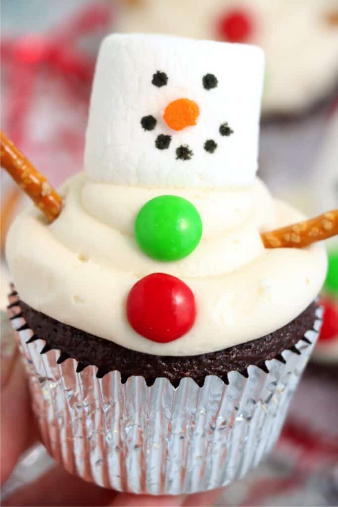 Closeup shot of snowman cupcake