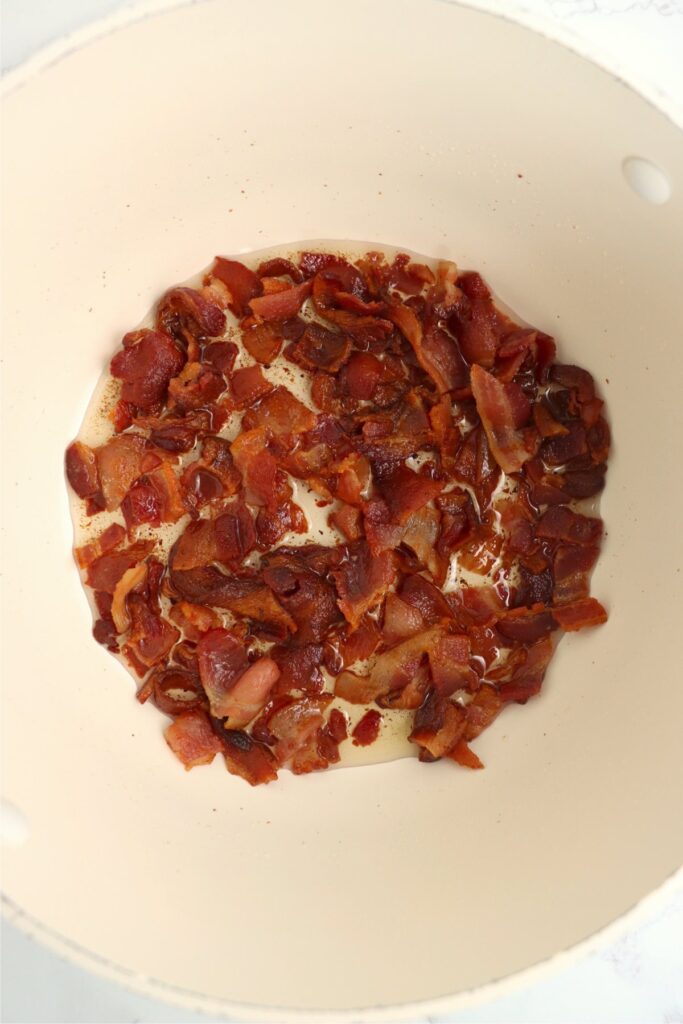 Overehad shot of crispy bacon in pot