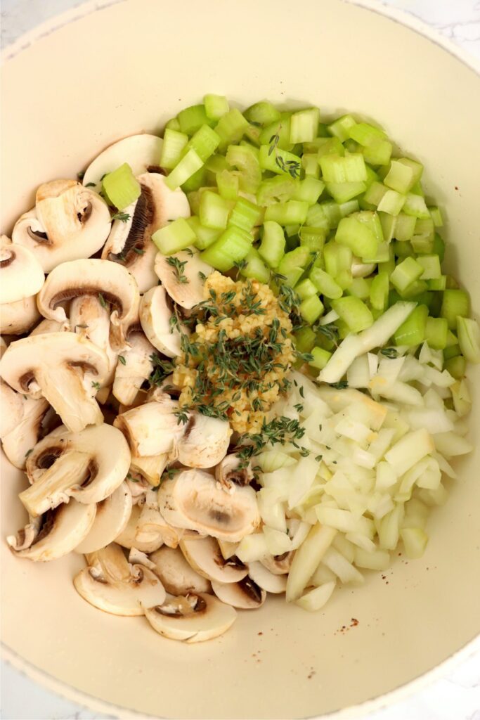 Overhead shot of vegetables in pot