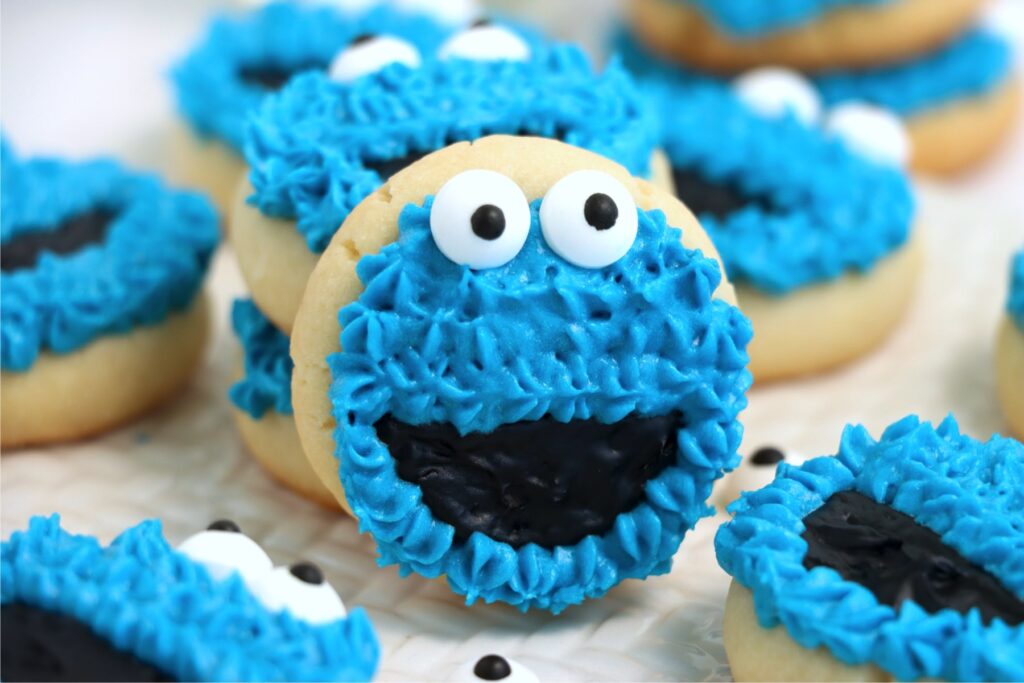 Closeup shot of Cookie Monster cookies on table