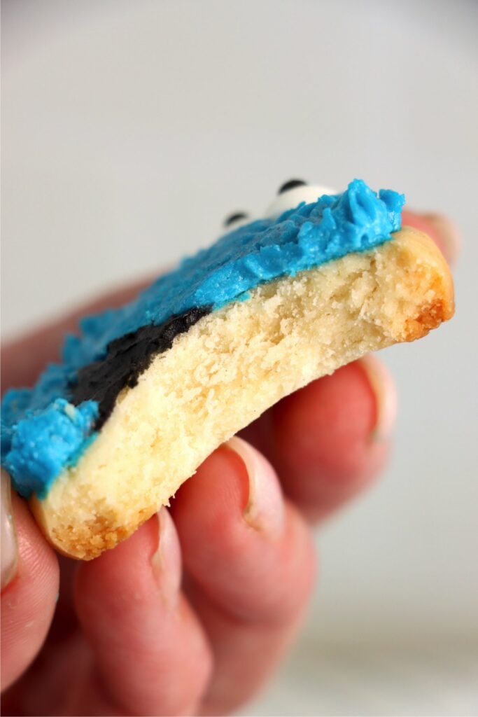 Closeup shot of hand holding Cookie Monster cookie with bite taken out