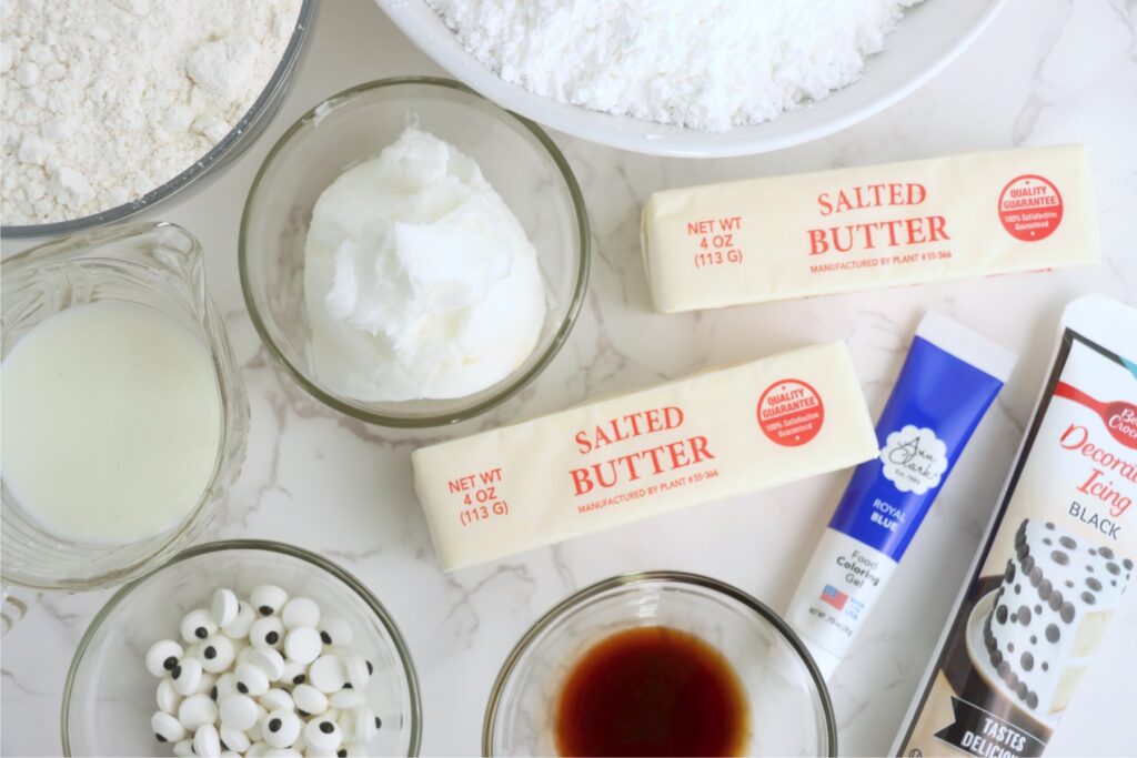 Overhead shot of Cookie Monster cookie ingredients in individual containers on table