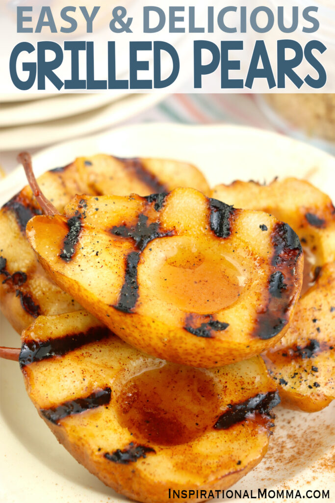 Closeup shot of grilled pears stacked atop one another on plate. 