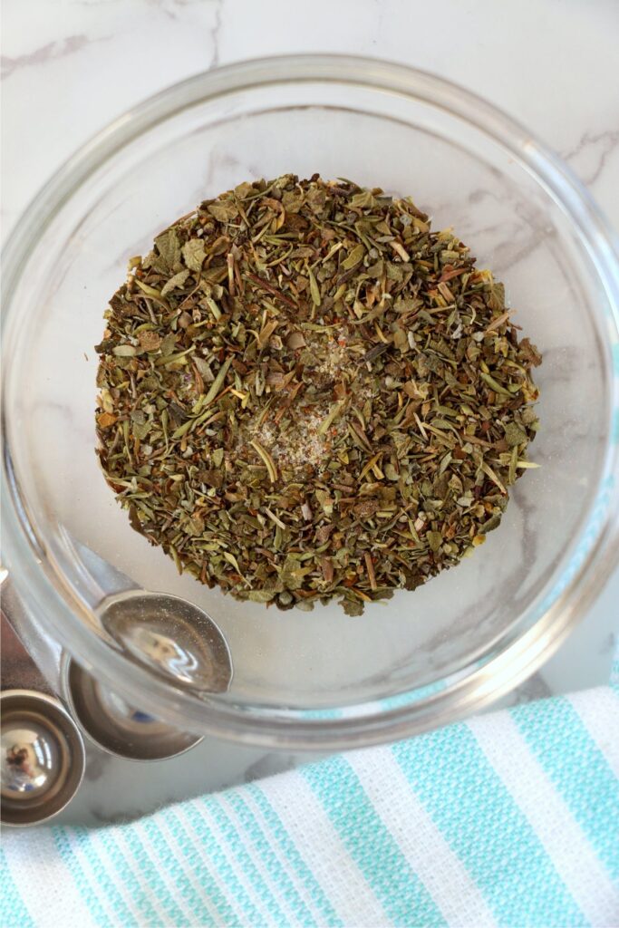 Overhead shot of meatloaf seasoning in mixing bowl
