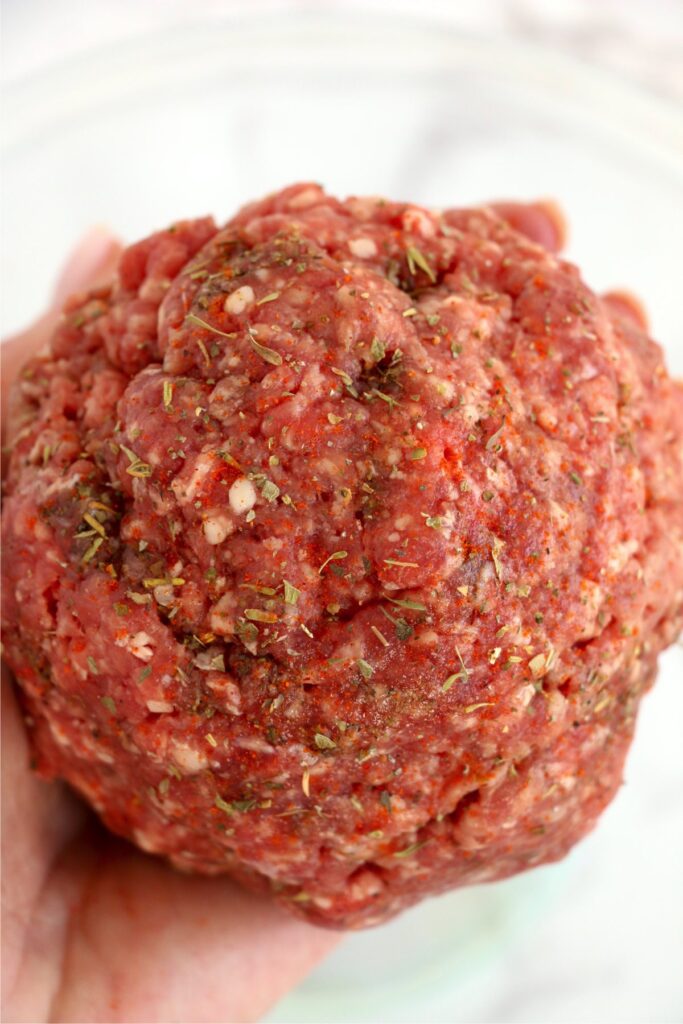 Overhead shot of ground beef with seasoning
