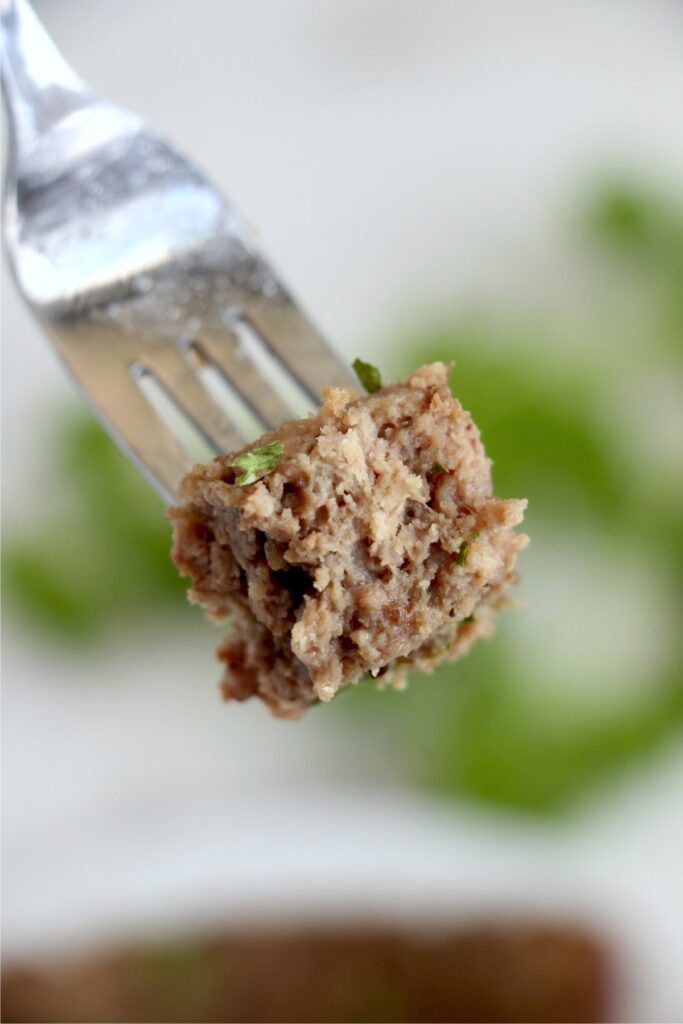 Closeup shot of forkful of meatloaf