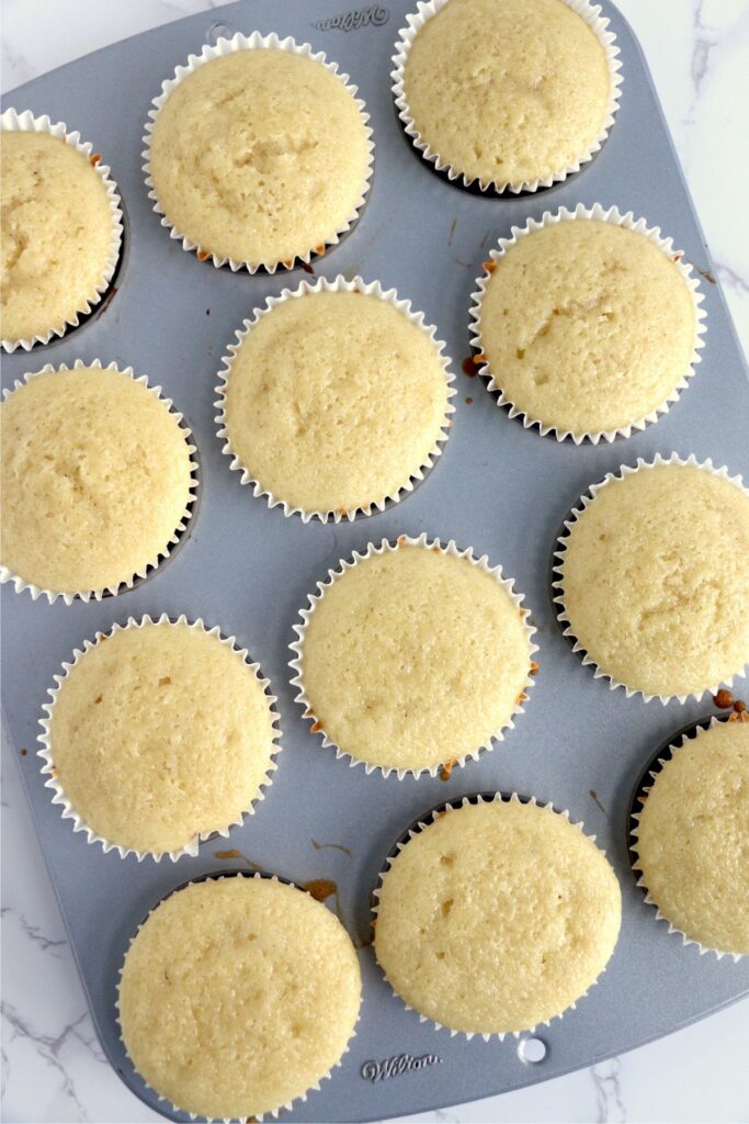 Overhead shot of baked cupcakes in cupcake tin