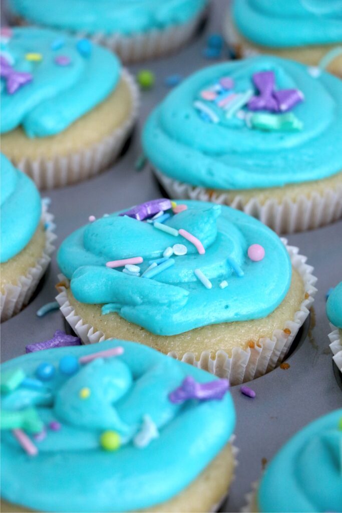 Closeup shot of cupcakes frosted with blue buttercream