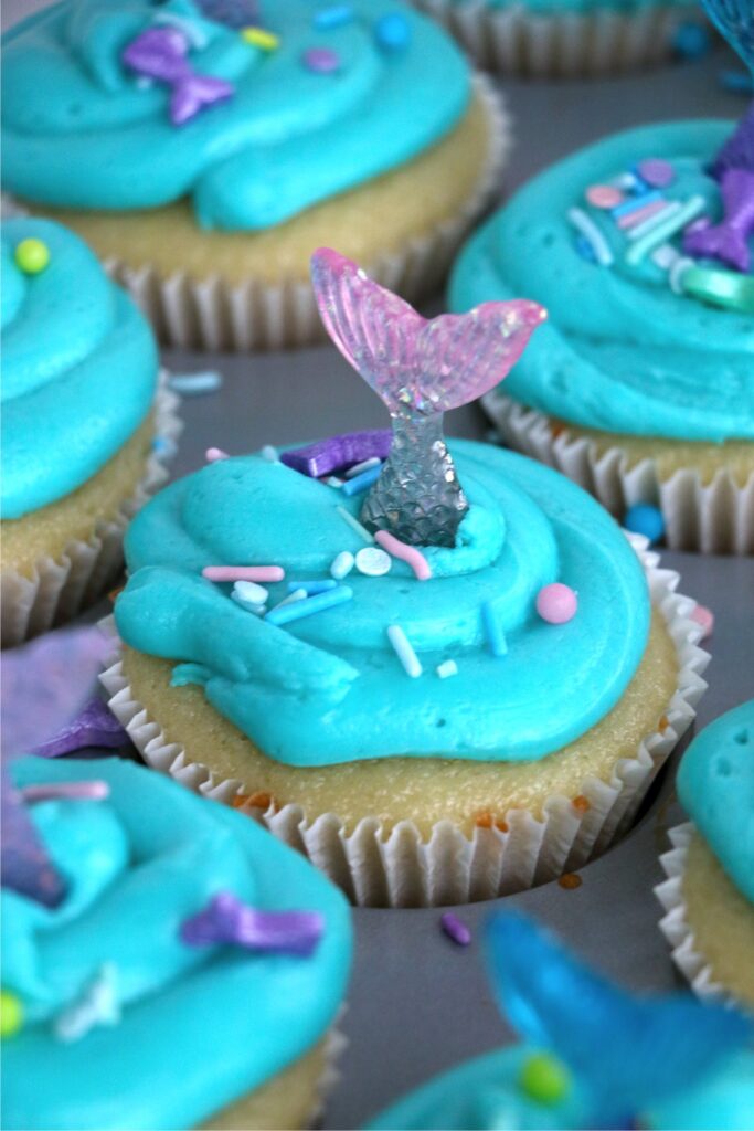 Closeup shot of decorated mermaid cupcakes