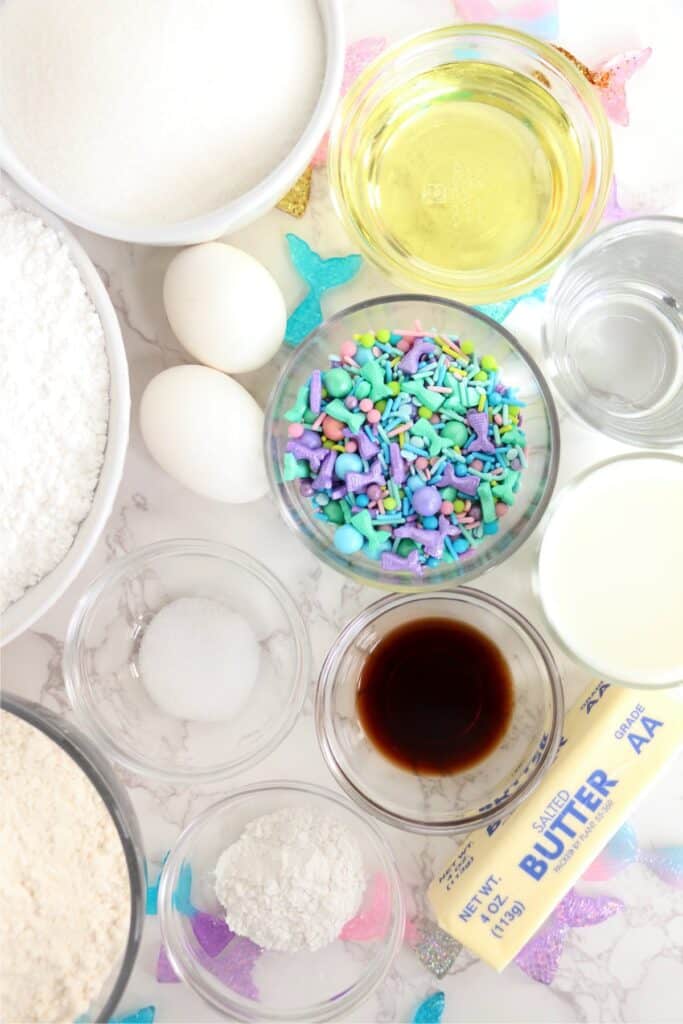 Overhead shot of individual cupake ingredients on table