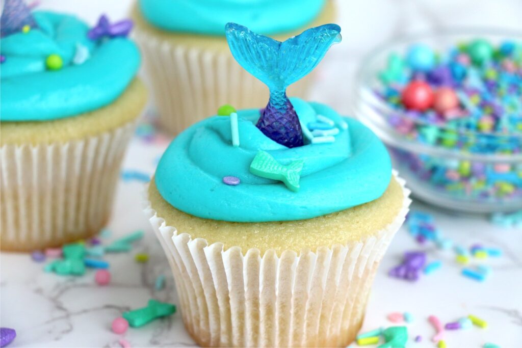 Closeup shot of mermaid cupcake.