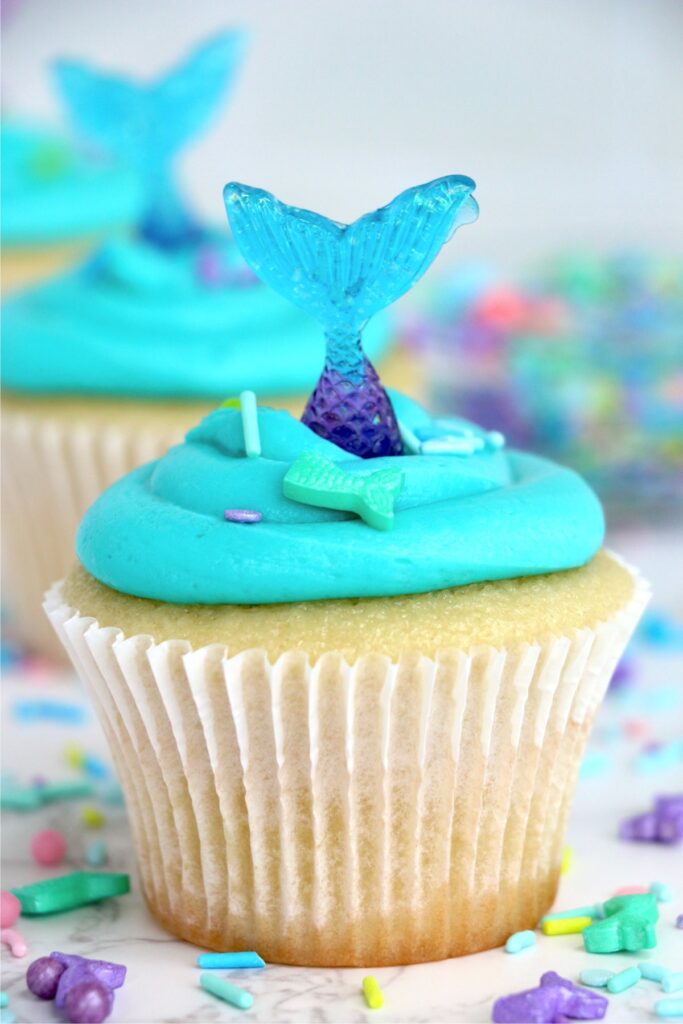 Closeup shot of mermaid tail cupcake.