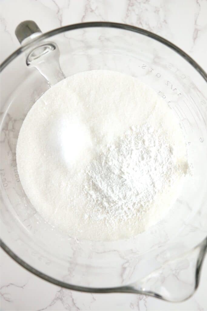 Overhead shot of dry cupcake ingredients in bowl