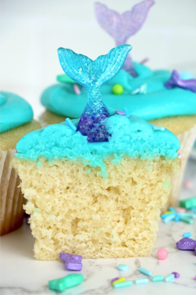 Closeup shot of mermaid cupcake cut in half