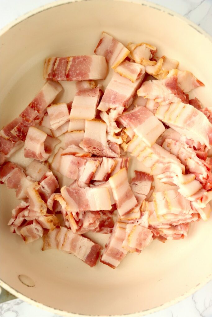 Overhead shot of bacon in skillet