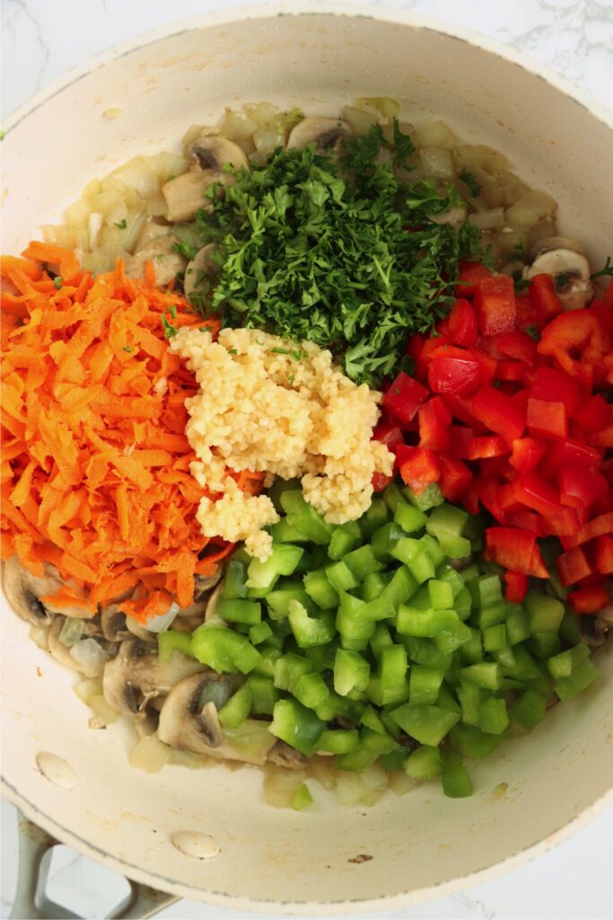 Overhead shot of vegetables in skillet