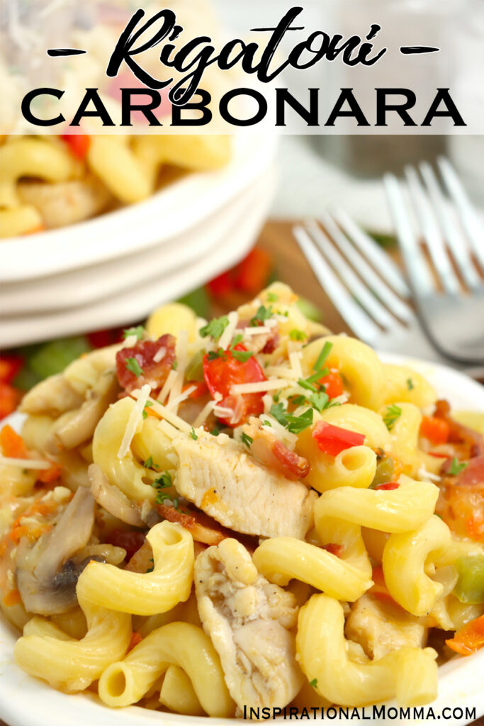 Closeup shot of rigatoni carbonara on plate