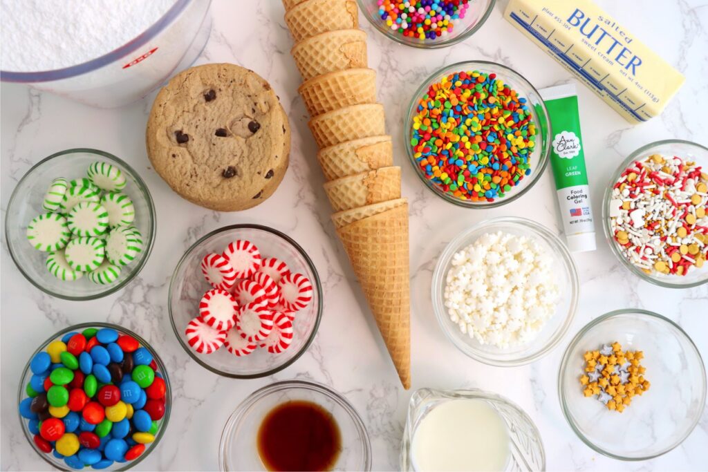 Overhead shot of individual sugar cone Christmas tree ingredients on table