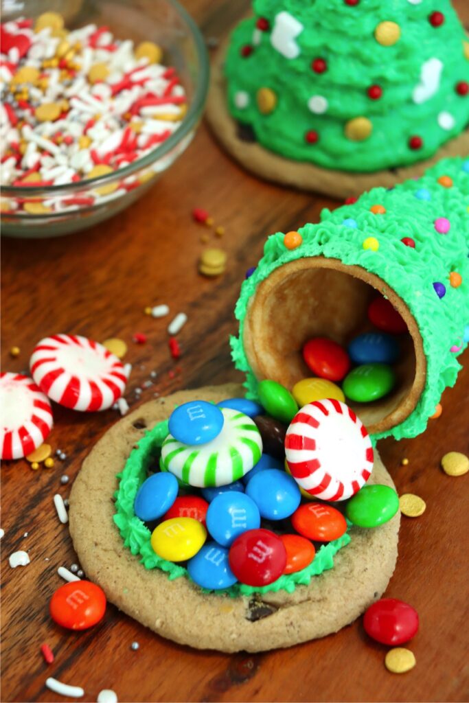 Closeup shot of sugar cone Christmas tree with top removed and candies spilling out