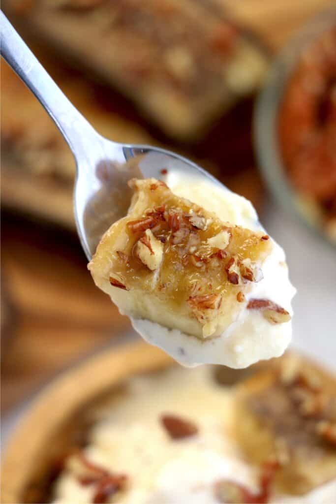 Closeup shot of spoonful of ice cream and air fryer banana.