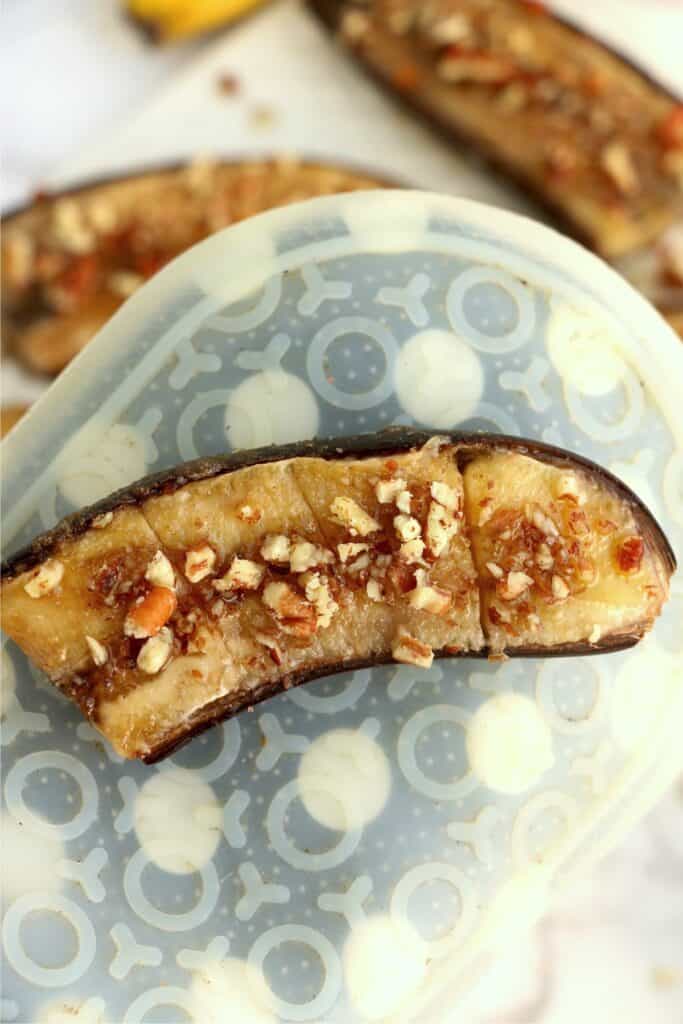 Overhead closeup shot of air fryer banana.