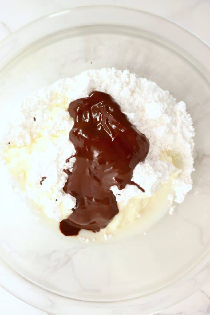 Overhead shot of chocolate ganache ingredients in bowl