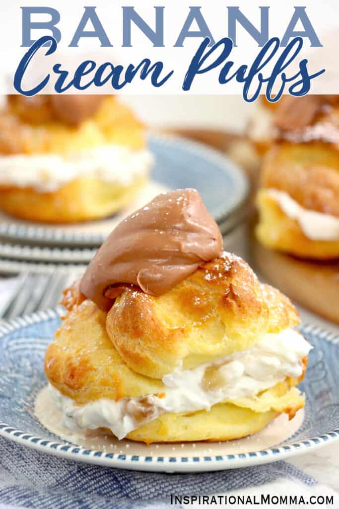 Closeup shot of banana cream puff on plate with more banana cream puffs in background.