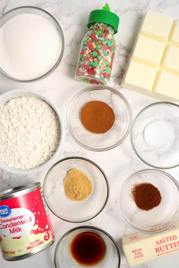 Overhead shot of fudge ingredients in individual bowls on table