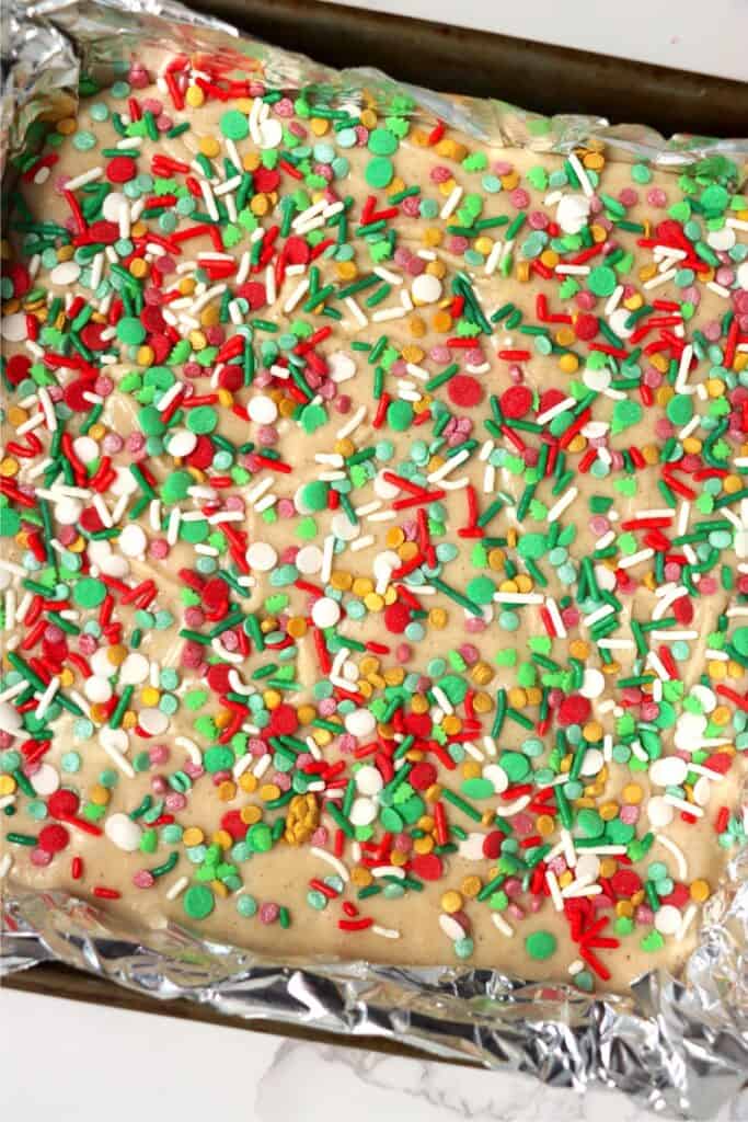 Overhead shot of Christmas cookie fudge in baking dish