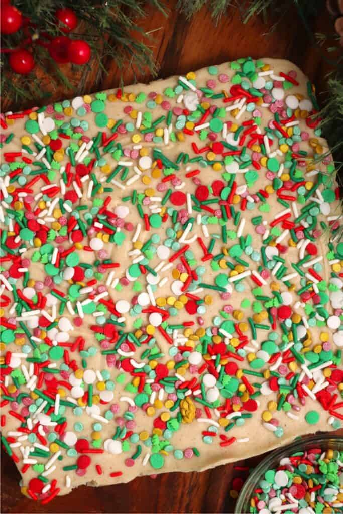 Overhead shot of Christmas cookie fudge on table