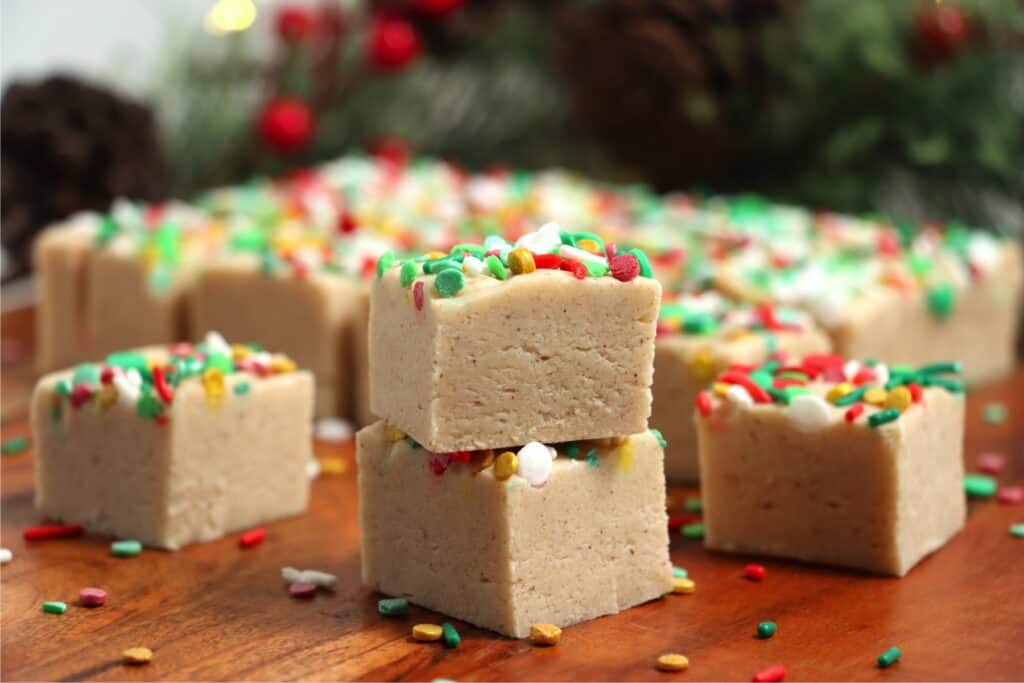 Closeup shot of Christmas cookie fudge squares on table