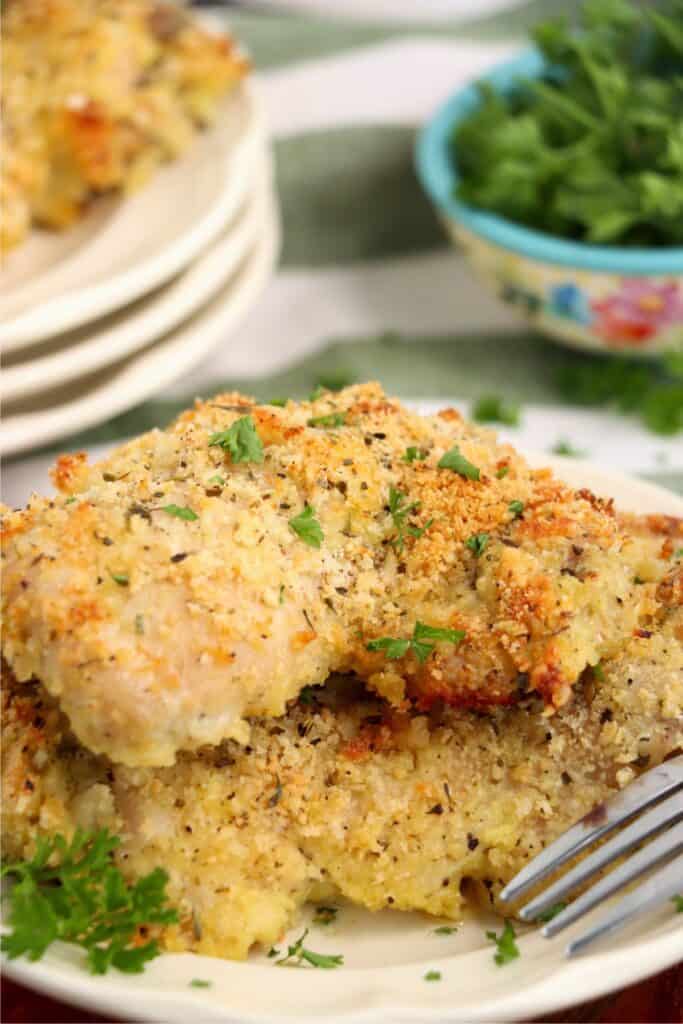 Closeup shot of garlic parmesan chicken thighs on plate