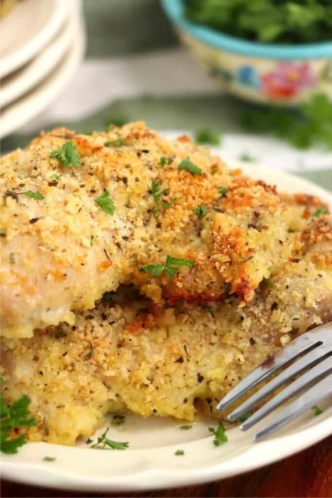 Closeup shot of garlic parmesan chicken thighs on plate