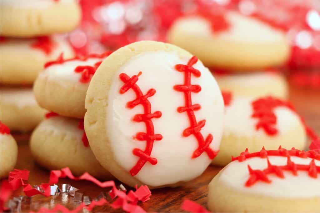 Closeup shot of decorated baseball sugar cookies