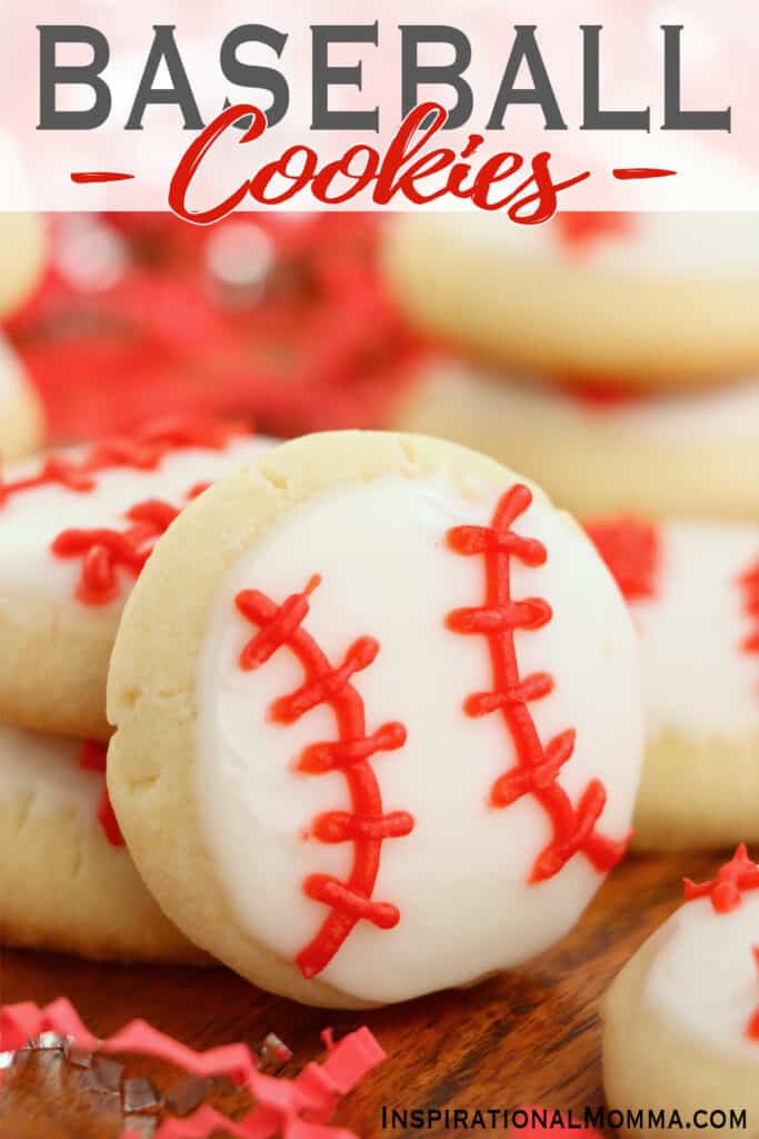 Closeup shot of homemade baseball sugar cookie leaning against more sugar cookies. 