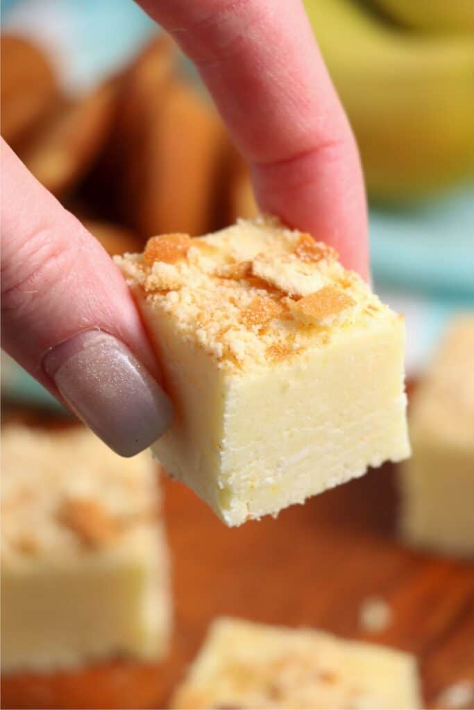 Closeup shot of hand hlding banana fudge square