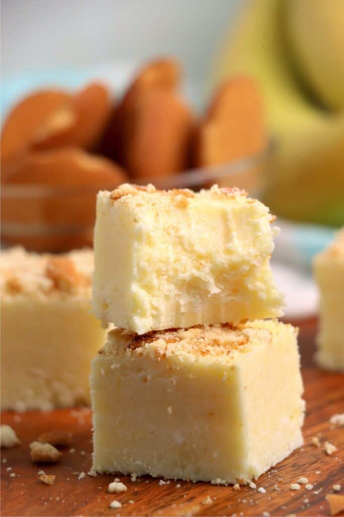 Closeup shot of banan fudge squares stacked 